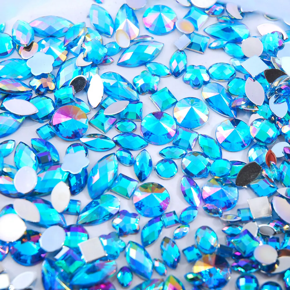 Sky Blue Glitter AB Nail Art Crystal Rhinestones - 300Pcs Mixed Shape Flat Back 3D Decoration Stones