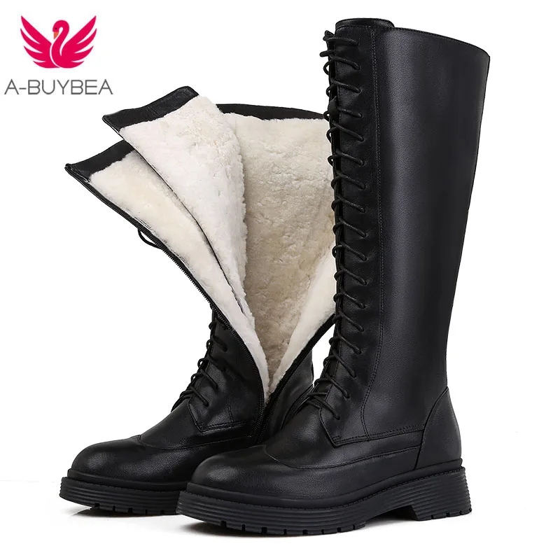 

2020 New Genuine leather boots women shoes lace up warm winter boots nature sheep wool mid calf boots ladies botas