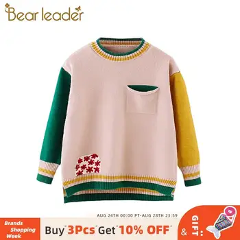 

Bear Leader Autumn Girls Long Sleeve Warm Sweater 2020 New Fashion Patchwork Flowers Pattern Knitted Tops Children Pullover Suit