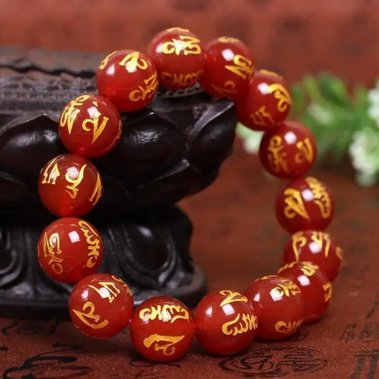 

Natural red black agate handcarved beads six-character Mantra bracelets for couples woman men beads bracelet with jade bracelet