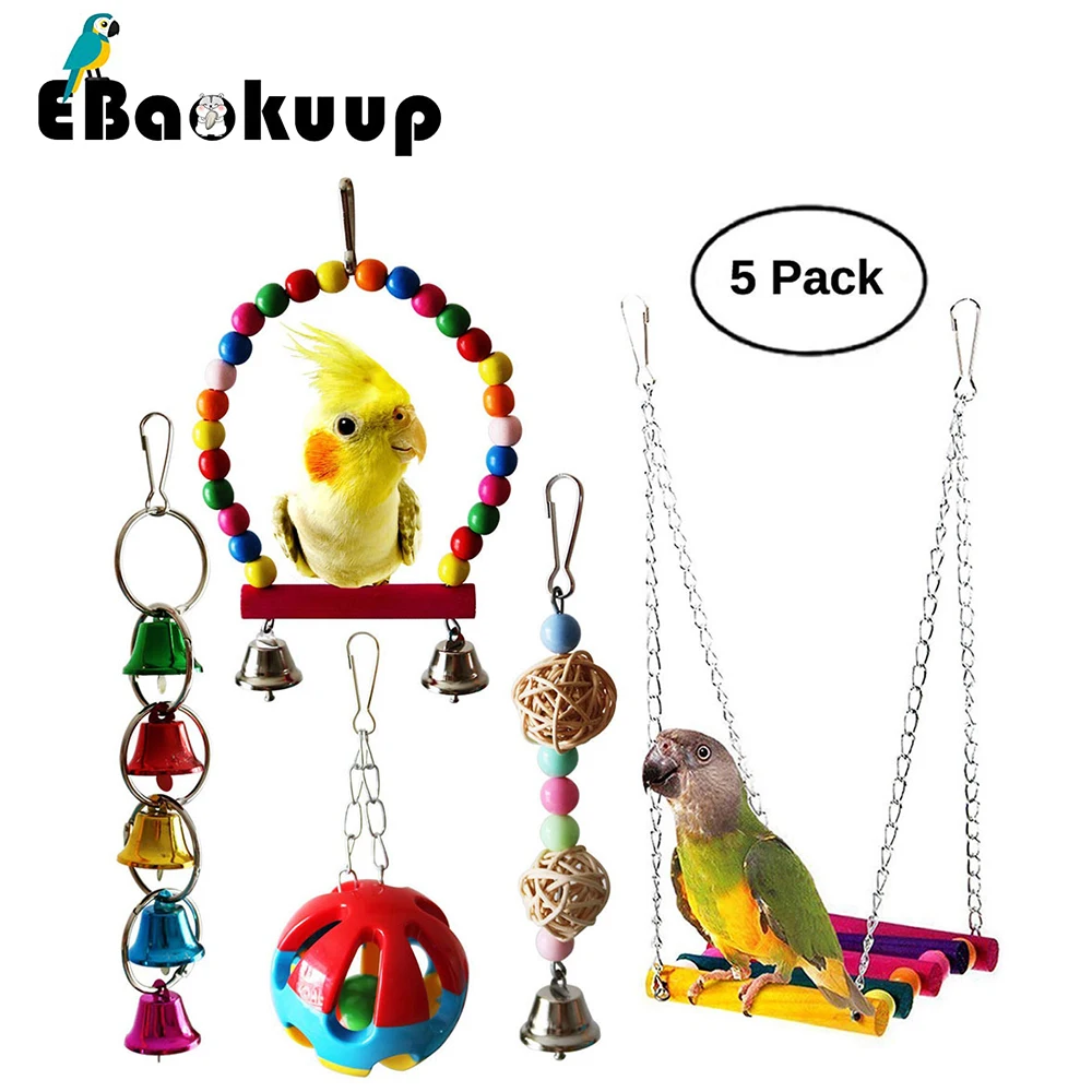 

EBaokuup 5 Pcs Colorful Parrot Toys Hanging Swing Chewing Balls Bird Supplies Bells Cage Toy For Budgies,Cockatiel,Lovebirds
