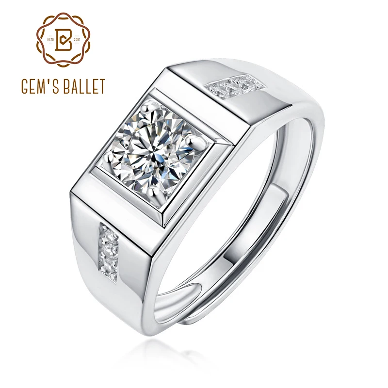 

GEM'S BALLET Wedding Anniversary Promise Ring 925 Sterling Silver Moissanite Resizable Ring Men Fashion Diamond Ring Father Gift
