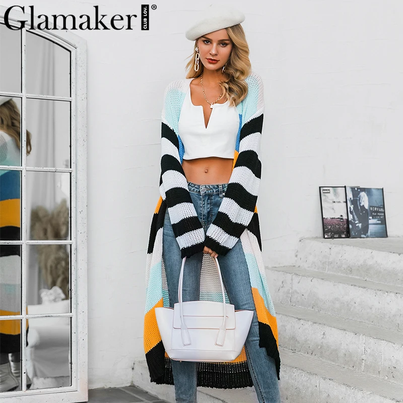 Glamaker вязаный Цветной полосатый длинный кардиган, женская модная уличная одежда, осенняя верхняя одежда, свитер, Женский Повседневный Кардиган-пальто