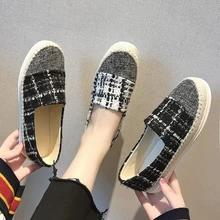 Женская прогулочная обувь на плоской подошве; женские лоферы с круглым носком; тканевая женская обувь с мелким носком в клетку; обувь для вождения