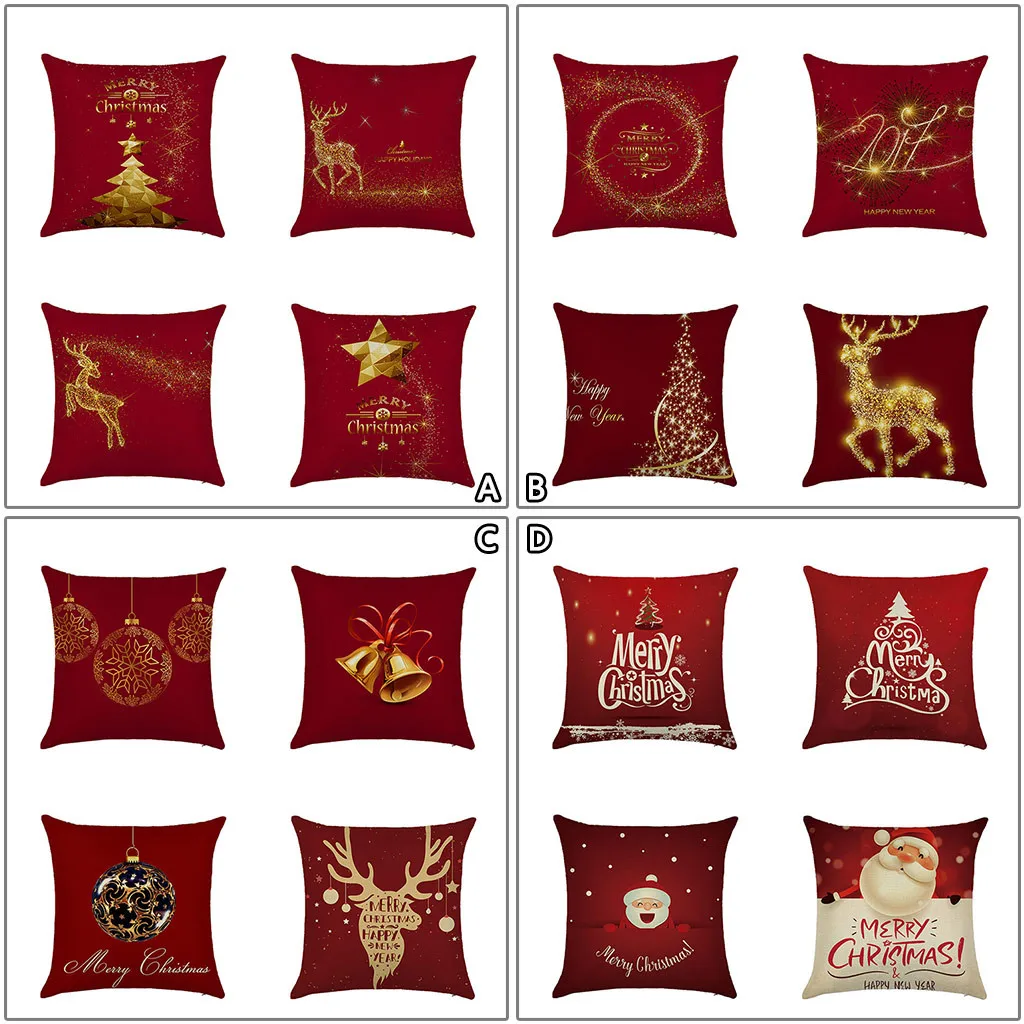 4PCS Red Pillow case 45*45 Christmas Snowflake Elk Printed Polyester Pillowcase Square Decorative Christmas New Year Pillowcase