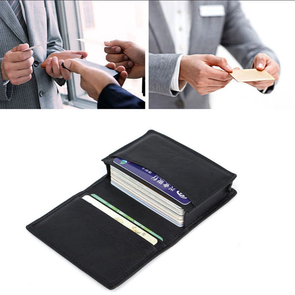 New Fashion Black Genuine Men Women Leather Expandable Convenience Practical Credit Card ID Business Card Holder Wallet Case