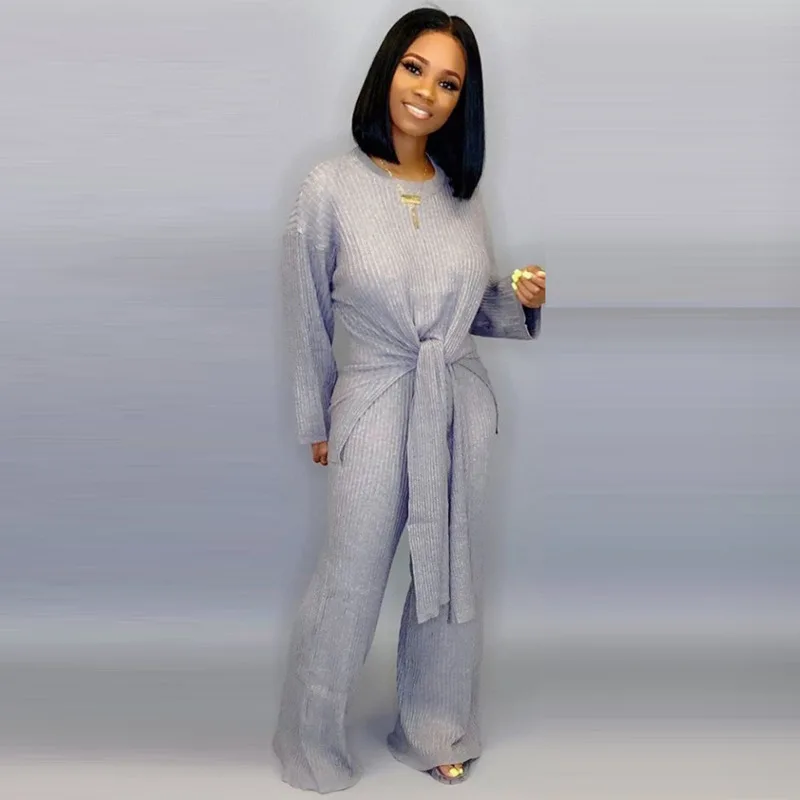 

Solid Color Women's Set Long Sleeve Knitted Knotted Sweater Straight Pants Suit Two Piece Set Elegant Tracksuit Outfit