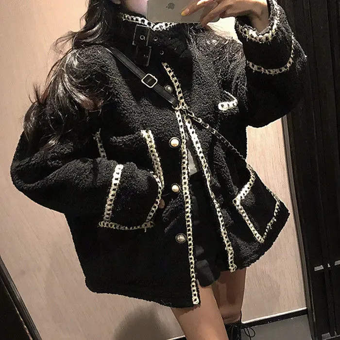 

Fall and winter version of INS small fragrance jacket loose retro-style fashion imitation lamb thick cardigan coat