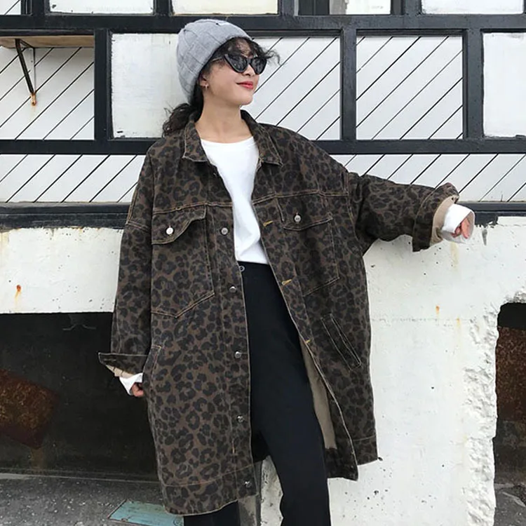 

2019 Autumn Clothing Korean Series Leopord Pattern Workwear Loose-Fit Coat Harajuku Wind Fold-down Collar Single Breasted Large