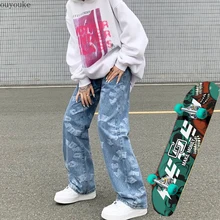 Pantalones vaqueros con estampado de letras para mujer, jeans sueltos de Hip Hop, pantalones de skateboarding, jeans de pierna ancha y cintura alta Y2K, 2021