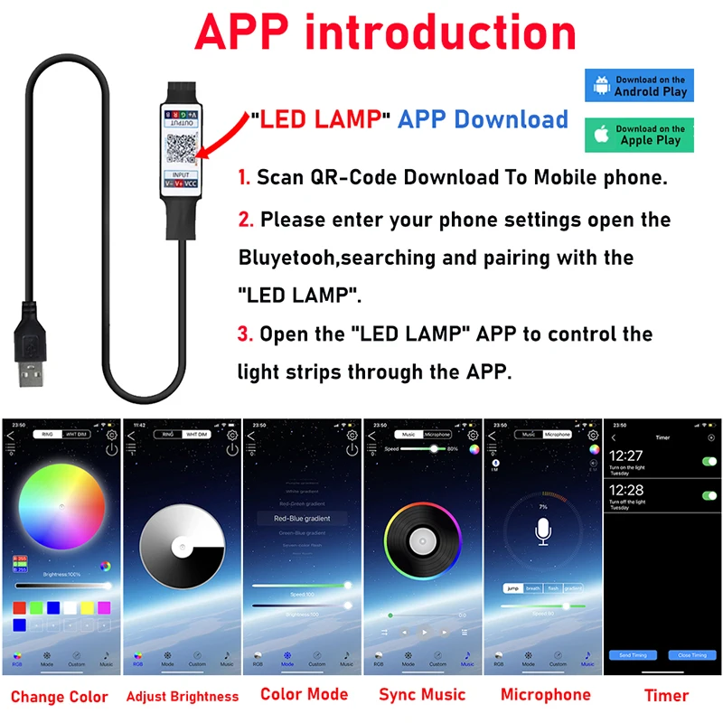 1M 5V USB Bluetooth Controller 4pin 5050 2835 RGB LED Strip Light 4 Pin Connector Phone APP Contrl Tape TV Backlight Decor