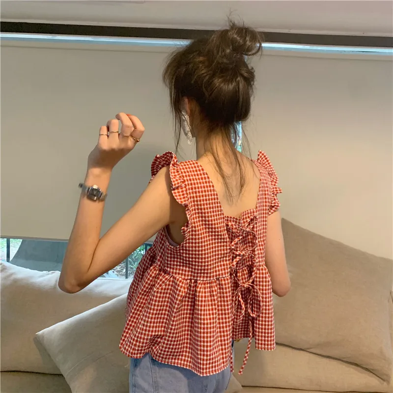 off shoulder high quality fashion brand Tanks loose ruffles plaid sweet new summer Korean style ladies tops Women's Clothing