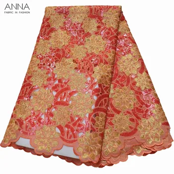 

Anna latest african sequin lace fabric 2020 high quality embroidered with hollow out design nigerian organza fabrics for sewing