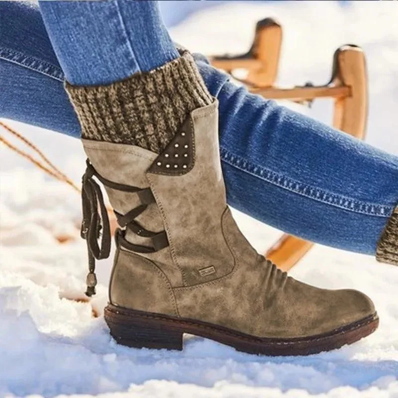 Lowest Price With Best Quality Women Boots Winter Autumn Heel Boot Fashion Knitting Patchwork Shoes Zip Cross-tied Mid-calf | Обувь