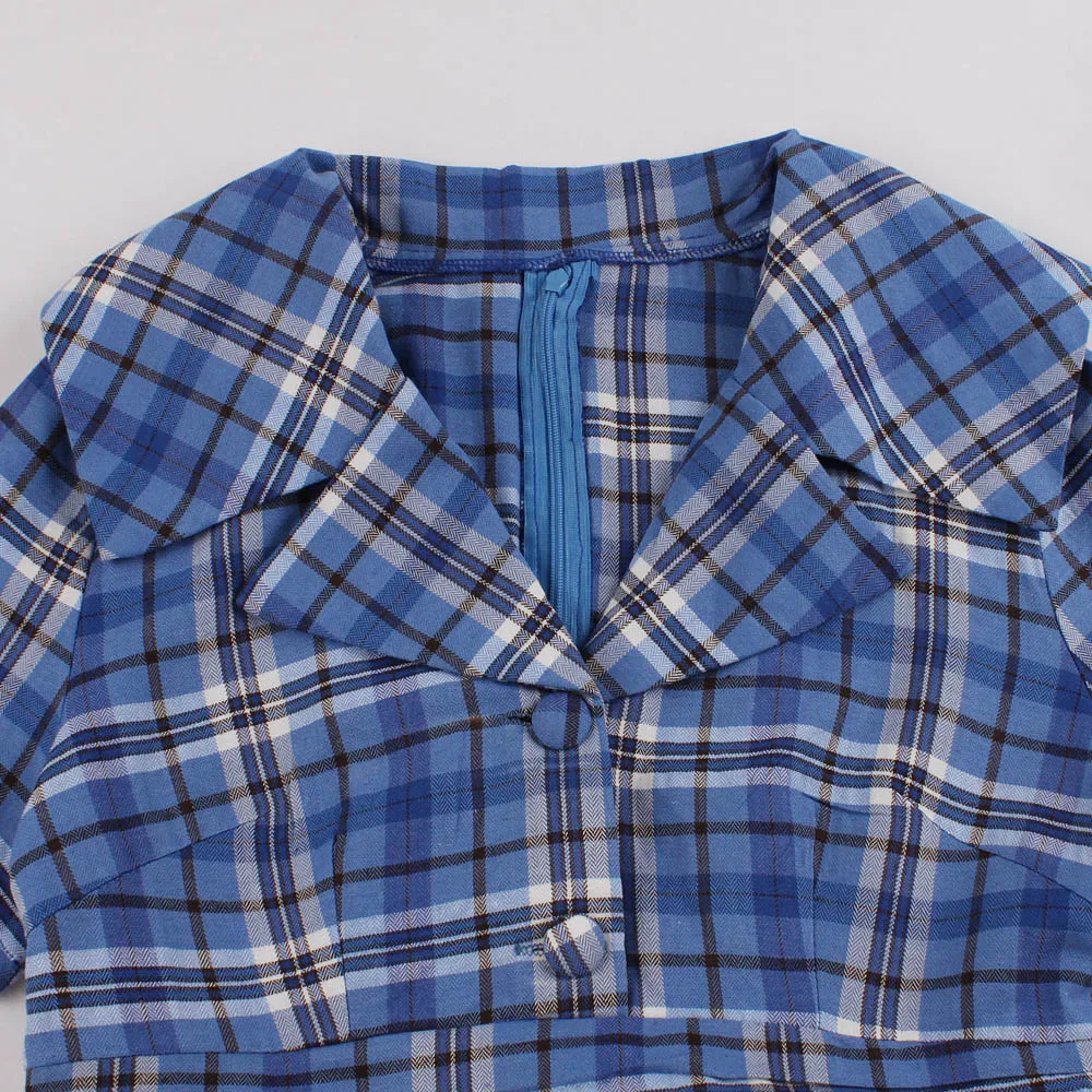 Joineles Plus Size 4xl Blue Checks Women Retro Dress Lapel Collar Short Sleeves High Waist Vintage Dress Vestidos With Pockets