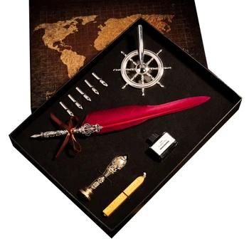 

1 Set Vintage Quill Calligraphy Feather Dip Pen Writing Stationery set Gift Box with 5 Nib Wedding Gift Quill Pen Fountain Pen