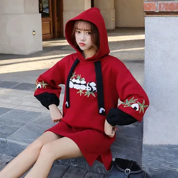 

Lychee Girls Panda Embroidery Women Fleece Hoodies Warm Winter Lady Pullovers Patchwork Split Female Hooded Sweatshirt Tracksuit