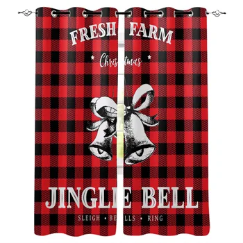 

Christmas Bells Plaid Background Curtains for Kids Boy Girl Bedroom Living Room Cortinas Custom Drape Kitchen Window Curtains