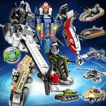 

733PCS 6in1 Transformation Robot Military Tank Armored Vehicle Plane Building Blocks Compatible Army Bricks Boy Kids Toys