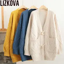 Осенне-зимний женский кардиган, Одноцветный свитер большого размера, короткий кардиган с роговыми пуговицами, свободное вязаное пальто для девочек