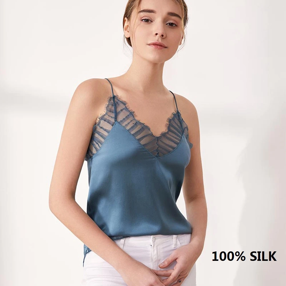 sexy 100% silk womens tops shirts summer clothes for women clothing 2021 blue lace up satin top clothes fashion strap shirt cami nude camisole