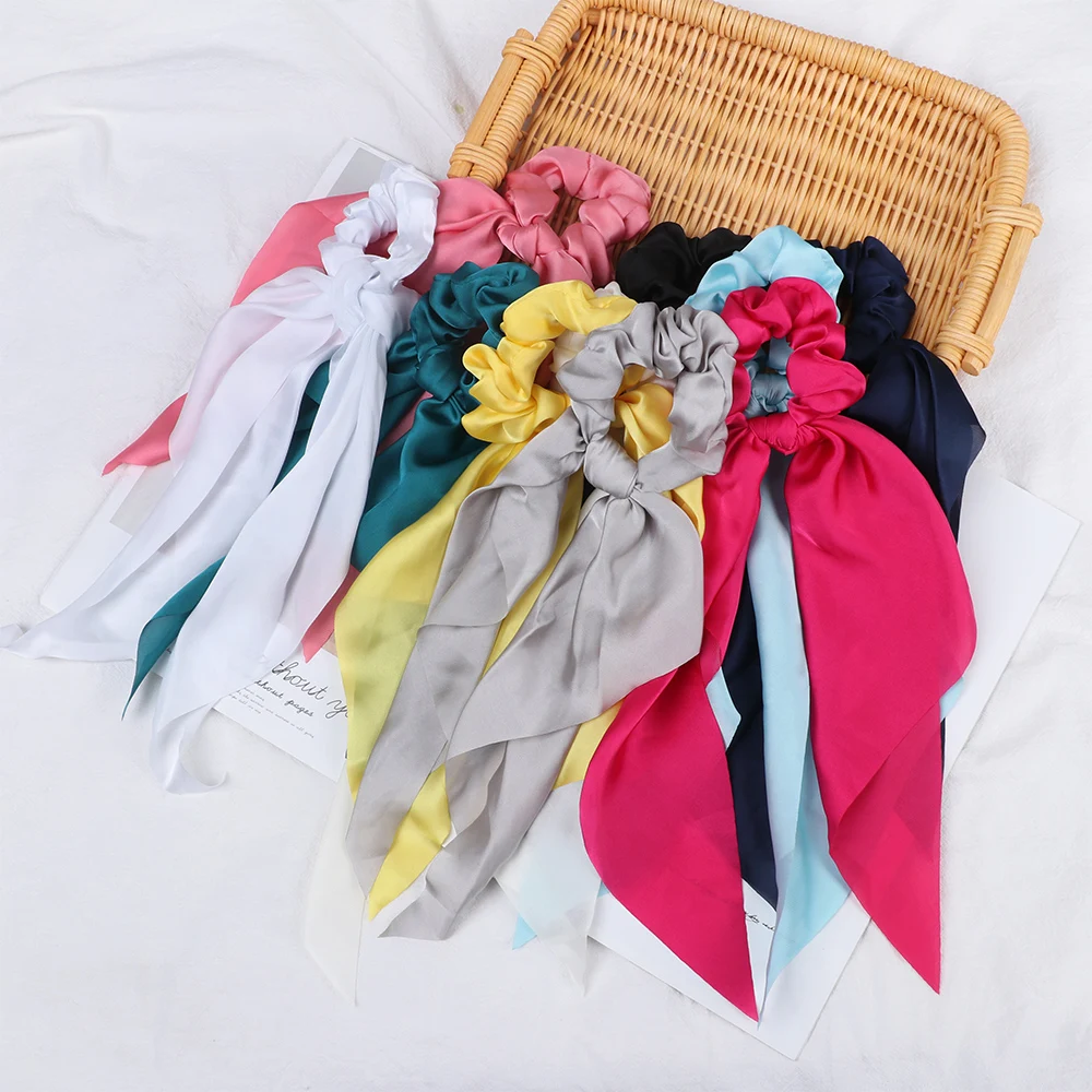

1PC Hot Sale Elastic Hair Bands Solid Color Scrunchie Bohemian Hairband Rubber Ropes Women Bow Streamers Scarf Hair Ties