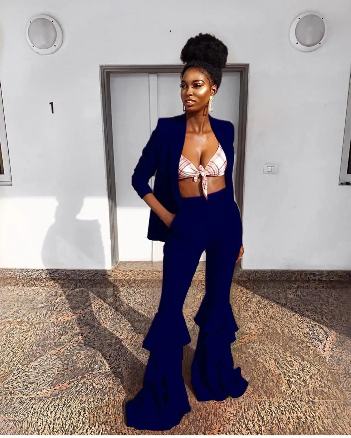 blue blazer suit Echoine, длинный рукав, блейзер, костюм для женщин, элегантный, для офиса, для девушек, женские костюмы, комплект из 2 предметов, расклешенные штаны с оборками, верхняя одежда, костюм для женщин - Цвет: blue blazer suit