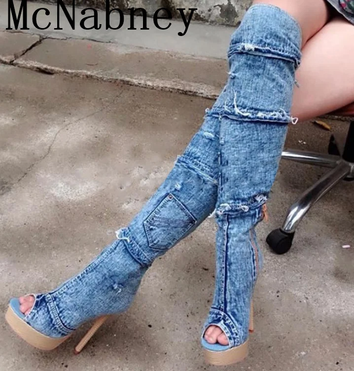 

McNabney Women Fashion Long Boots Denim Sexy Peep Toe And Thin High Heel Platform Design Over-the-knee Hottest Women Shoes