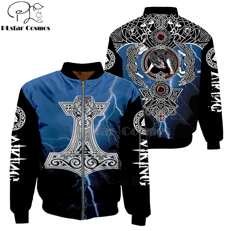 2023 Fashion Men's Bomber jackets Mjolnir Odin Tattoo pattern Funny Printed 3d Zip Long Sleeve Pullover Unisex Zipper jacket