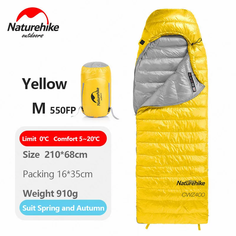 Naturehike CW400 750FP Открытый спальный мешок для кемпинга конверт Тип белый гусиный пух спальный мешок зимний теплый ленивый спальные мешки - Цвет: Yellow M-550FP