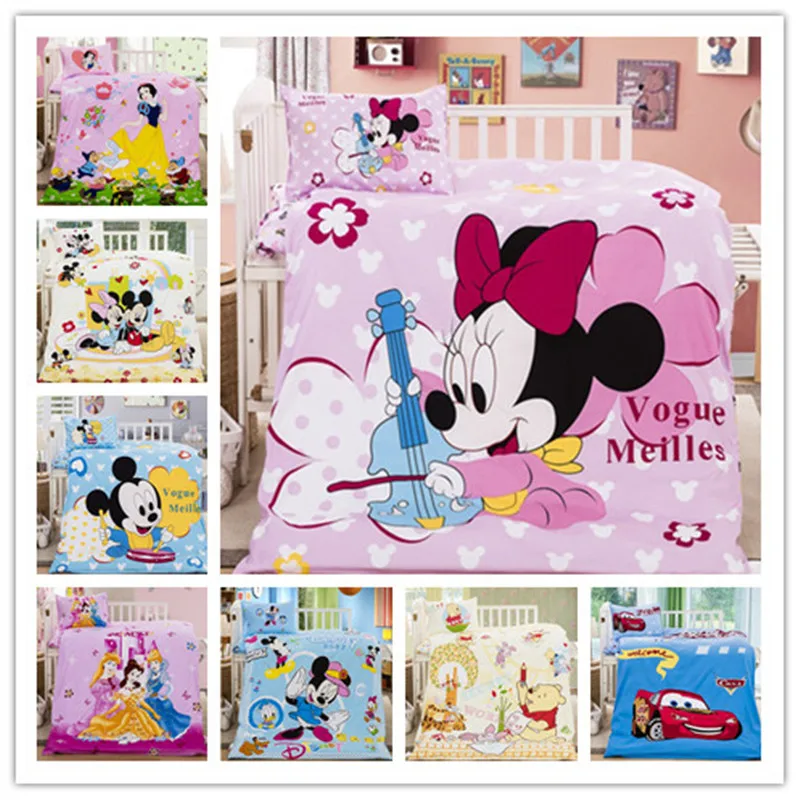 Parure de lit 3 pièces Disney | Parure de lit pour bébé, 100% coton, housse de couette rose, dessin animé Minnie Mouse, 60x120cm, pour filles et enfants