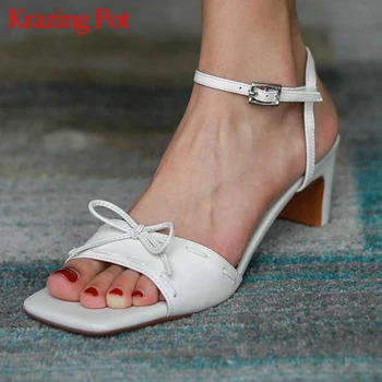 

Krazing pot genuine leather square peep toe high heels buckle strap butterfly-knot elegant lady daily wear new sandals women L16