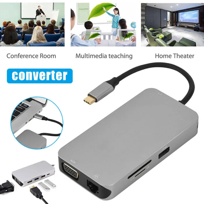 Тип-c к RJ45 VGA HDMI концентратор PD аудио адаптер конвертер для ПК компьютер PUO88