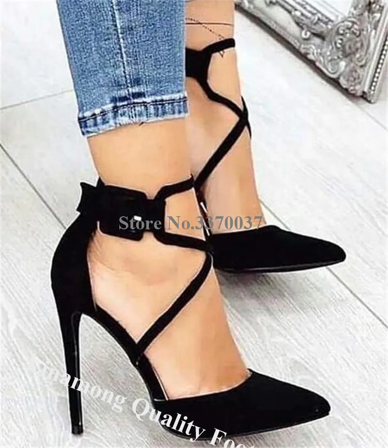 black suede Элегантная женская обувь с острым носком из кожи и замши на шпильке лодочки с ремешками с пряжкой и перекрестными ремешками; босоножки на высоком каблуке Представительская обувь - Цвет: black suede