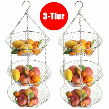 

2020 Newest 3 Tiers Wire Chain Hanging Basket Fruit Plant Food Organizer Kitchen Storage Wrought Iron Fruit Hanging Basket