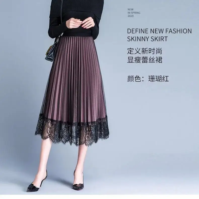 Winter new style double-sided wearing mesh pleated skirt skirt female Korean version of the long A-line skirt