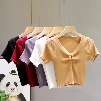 

HELIAR Women Drawstring O-Neck T-shirts Women Summer Short Sleeve Knitting Casual Street Outwear Female TEE For Women Tops