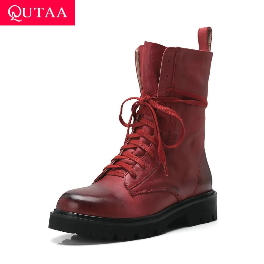 QUTAA/ г. Повседневные осенне-зимние ботинки до середины икры на шнуровке, на платформе, с круглым носком. Модная Нескользящая женская обувь на квадратном каблуке размеры 34-39