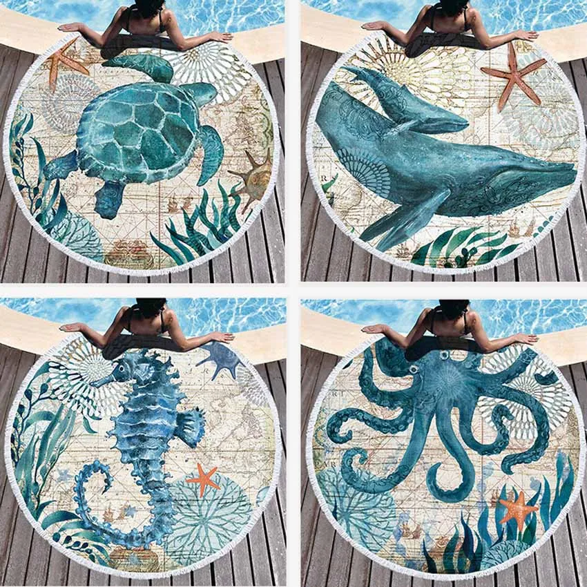 Sea Turtle Round microfiber towel bath towel cotton beach towel Beach Towel Undersea World Thick Shower Bath Towels Microfiber Summer Swim Circle Yoga Mat 150cm With Tassels