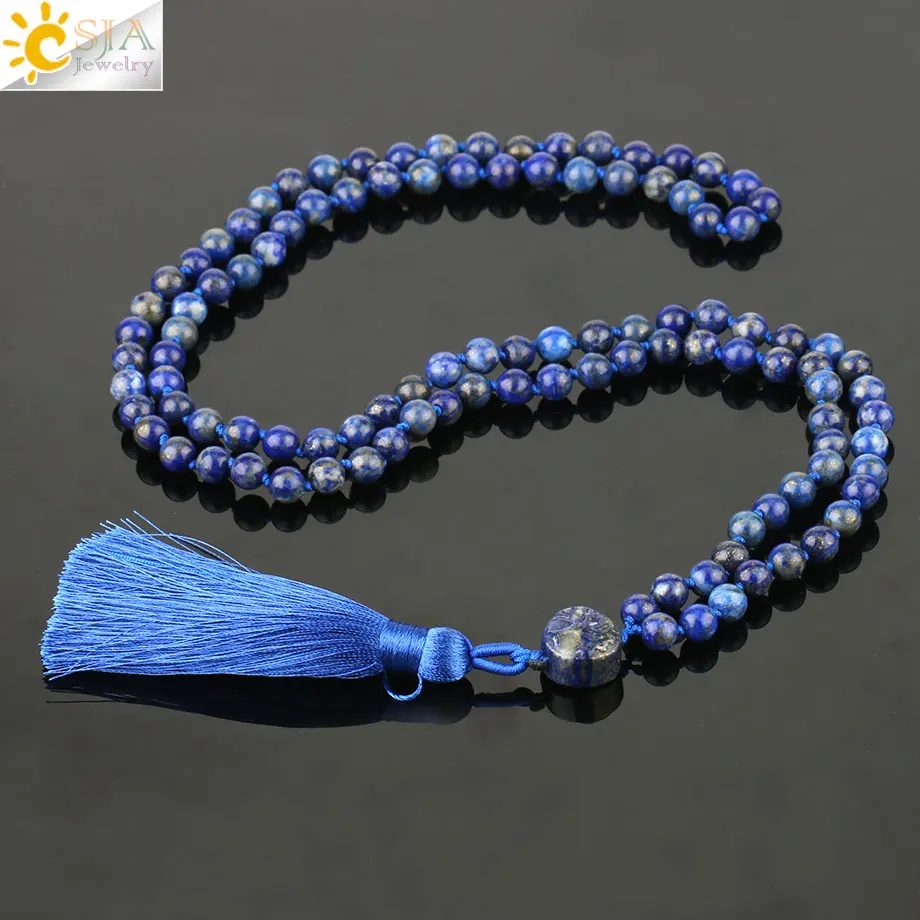 CSJA Natural Gem Stone Pendant Necklaces Bohemian Tassel Charms Long Necklace Lapis Lazuli Beaded Fringed Jewelry for Women S525 | Украшения