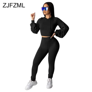

Solid Sportswear Two Piece Matching Sets Women Hooded Long Sleeve Crop Tops + High Waist Pants 2019 Fall Winter Plus Size Set
