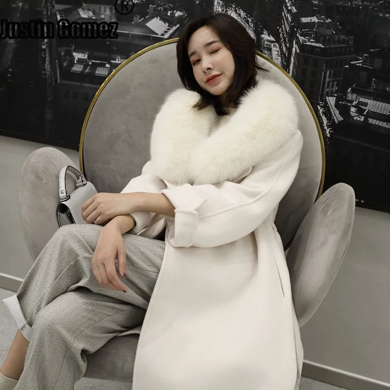 Excellent Women 2019 Winter Natural Fox Fur Collar Double-Sided Wool Blends Coat Female Thicken Warm Sheep Shearing Long Overcoat 2