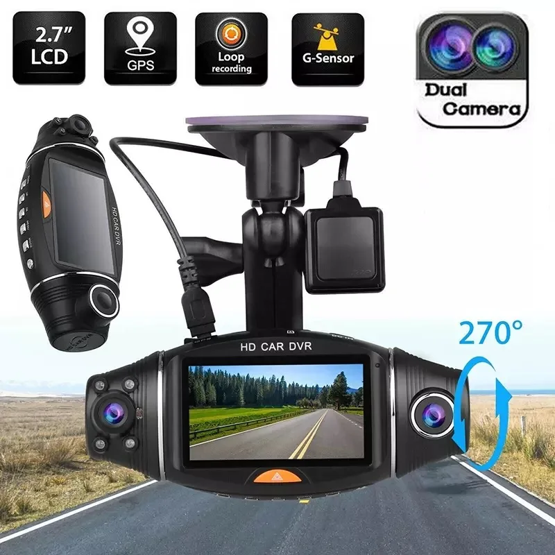 

Car DVR Camera HD 2.7" Dual Lens GPS Dashcam Rear View Night Security Car Camera Video Recorder G-Sensor Loop Recording Dash Cam