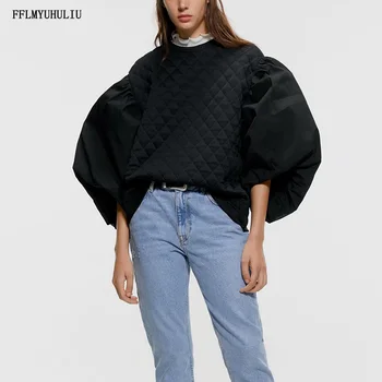 

Round neck solid color no decoration women's autumn lantern sleeves loose warm sweatershirt