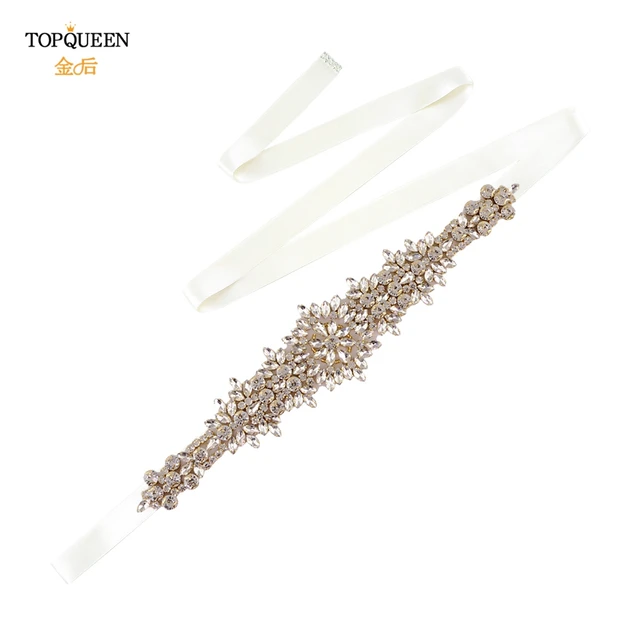 TOPQUEEN S319-G Luxury Bridal Belt Gold Rhinestone Applique Wedding Accessories Women Diamond Sash Moroccan Caftan Decoration off-white ribbon
