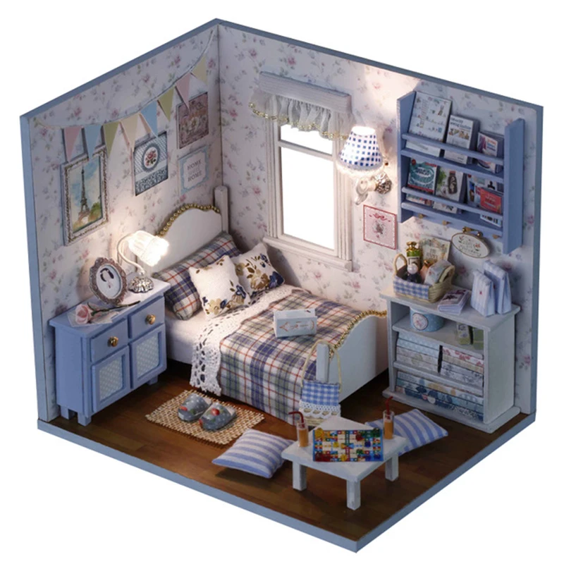 Кукольный дом миниатюрная мебель сборные наборы игрушка 3D Diy деревянный ручной работы Miniaturas кукольный домик игрушки подарки - Цвет: Синий