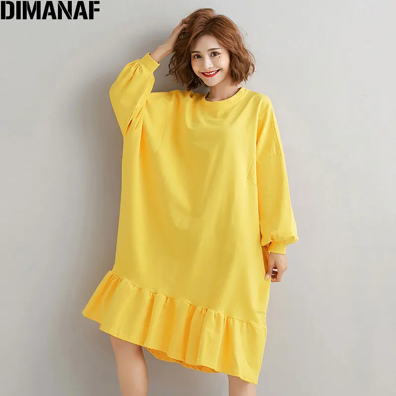 DIMANAF, женское платье размера плюс, Осеннее, Vestidos, модное, с оборками, из хлопка, свободное, женское, с длинным рукавом, платье