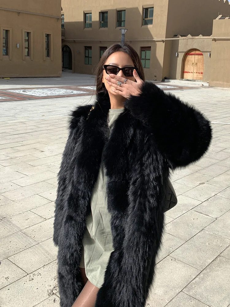2022 Winter New Woman Natural Fox Fur Long Coat V-neck Fashion Black Women Genuine Leather Fox Fur Long Coats Outwear Female