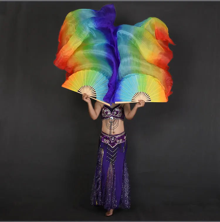 1 Pair 70"x35" Belly Dance Silk Fan Veils White Royal Blue Horizontal Gradient Bamboo Long Fans Veil For Women Kids Wholesale - Цвет: as picture