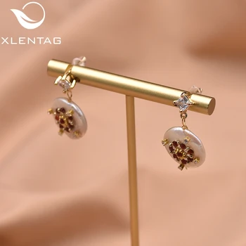 

XlentAg Earrings High Quality White Baroque Button Pearl Geometric Circle For Women Lovers' Fine Design Jewellery Brincos GE0828